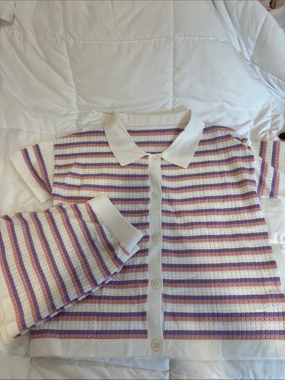 Striped Polo Button-Front Cardigan in White, Pink & Purple